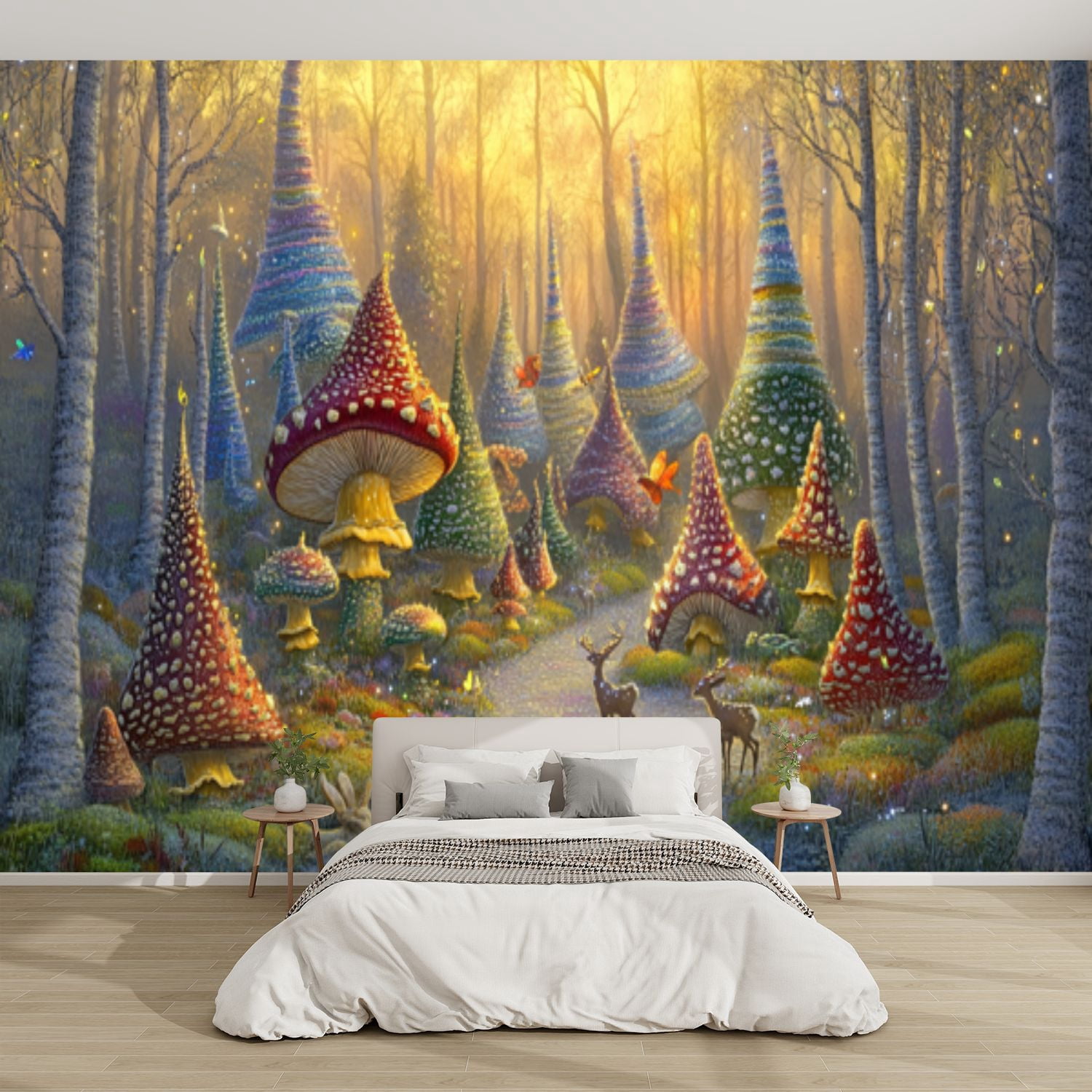 Modern Wallpaper Murals 3D Mushroom Forest Scene Golden Dawn Light ...