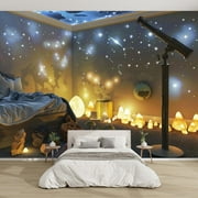 Modern Wallpaper Murals 3D Mystic Space Themed Room Meteorite Display Mushroom Lights Peel and Stick Removable Self-Adhesive PVC Wall Stickers for Nursery Kids Bedroom TV Wall Decor