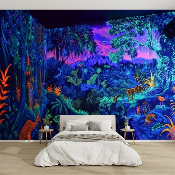 Modern Wallpaper Murals 3D Neon Jungle Blacklight Mural Day Night Forest Peel and Stick Removable Self-Adhesive PVC Wall Stickers for Nursery Kids Bedroom TV Wall Decor