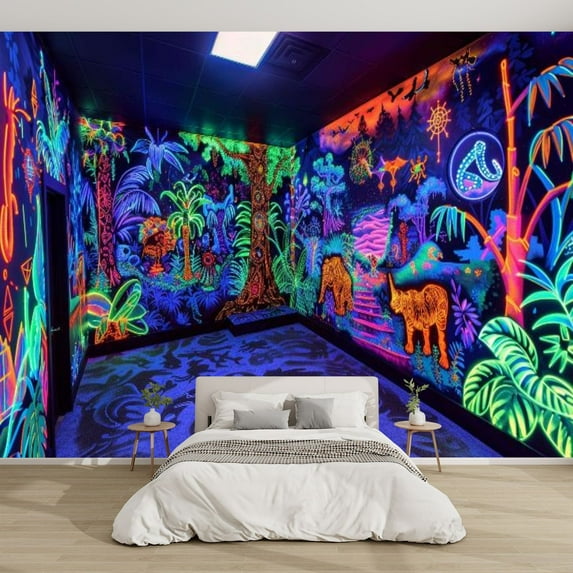 Modern Wallpaper Murals 3D Neon Jungle Mural Vibrant Hidden Imagery Blacklight Peel and Stick Removable Self-Adhesive PVC Wall Stickers for Nursery Kids Bedroom TV Wall Decor