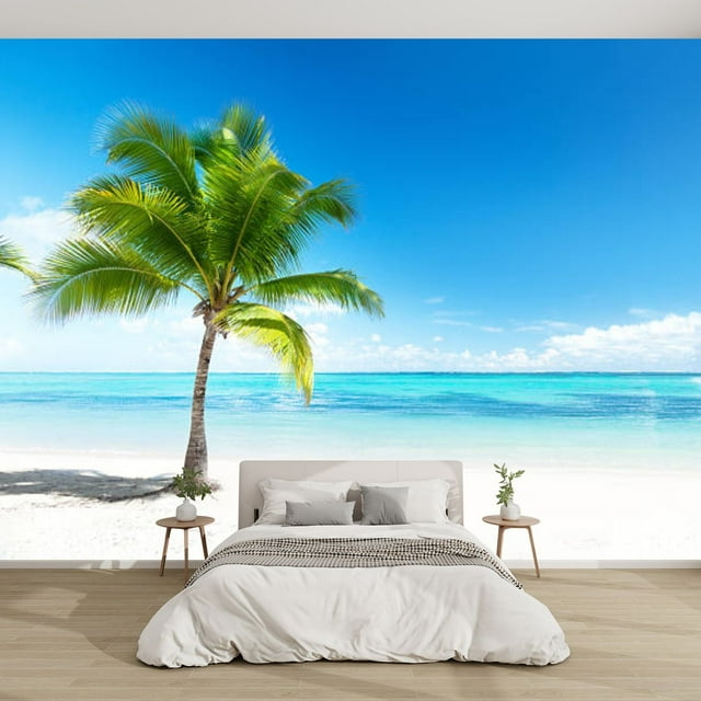 Modern Wallpaper Murals 3D Palm tree beach overlooking ocean Peel and Stick Removable Self-Adhesive PVC Wall Stickers for Nursery Kids Bedroom TV Wall Decor