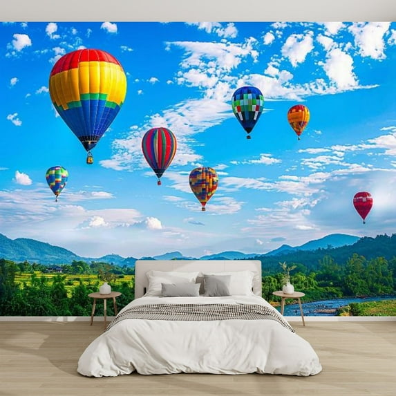 Modern Wallpaper Murals 3D Panorama mountain hot air balloons Peel and Stick Removable Self-Adhesive PVC Wall Stickers for Nursery Kids Bedroom TV Wall Decor