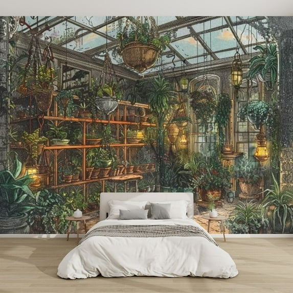 Modern Wallpaper Murals 3D Rare Botanical Engraving Vintage Greenhouse Scene Oil Lamps Peel and Stick Removable Self-Adhesive PVC Wall Stickers for Nursery Kids Bedroom TV Wall Decor