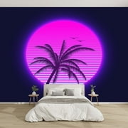 Modern Wallpaper Murals 3D Retrowave sunset palm silhouette birds foreground Summer time themed Peel and Stick Removable Self-Adhesive PVC Wall Stickers for Nursery Kids Bedroom TV Wall Decor