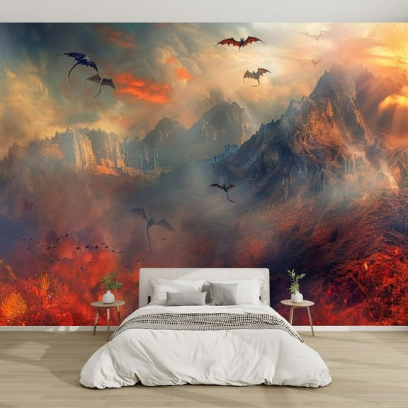 Modern Wallpaper Murals 3D Smoky Dragonscape Autumn Hues Fantasy Poster Peel and Stick Removable Self-Adhesive PVC Wall Stickers for Nursery Kids Bedroom TV Wall Decor