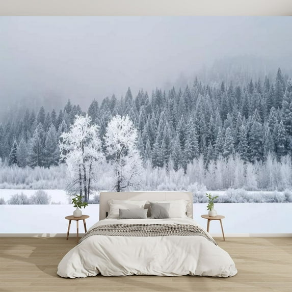 Modern Wallpaper Murals 3D Snow covered Winter Landscape Peel and Stick Removable Self-Adhesive PVC Wall Stickers for Nursery Kids Bedroom TV Wall Decor