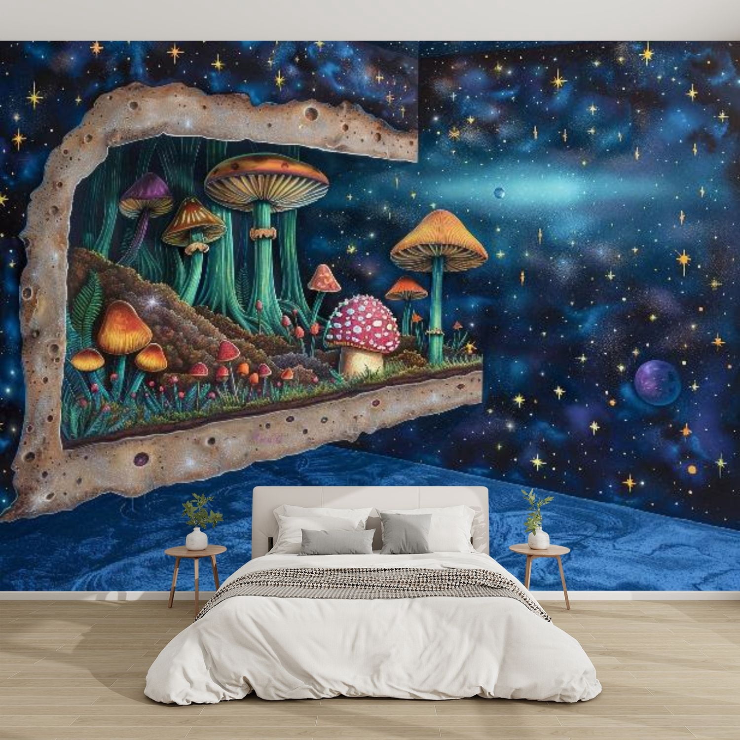 Modern Wallpaper Murals 3D Space Themed Boy s Bedroom Magical Mushroom ...