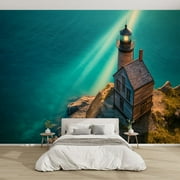 Modern Wallpaper Murals 3D Tranquil Lighthouse Illustration Weathered Wood Rocky Terrain Peel and Stick Removable Self-Adhesive canvas Wall Stickers for Nursery Kids Bedroom TV Wall Decor