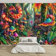 Modern Wallpaper Murals 3D Tropical Mushroom Landscape Iridescent Birds Peel and Stick Removable Self-Adhesive canvas Wall Stickers for Nursery Kids Bedroom TV Wall Decor