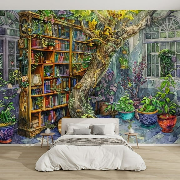 Modern Wallpaper Murals 3D Twisting Wooden Shelf Exotic Plants Vibrant Decor Print Peel and Stick Removable Self-Adhesive PVC Wall Stickers for Nursery Kids Bedroom TV Wall Decor