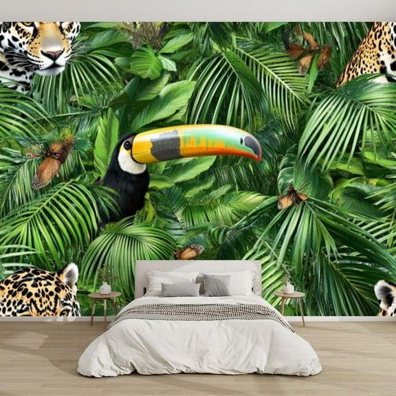 Modern Wallpaper Murals 3D Vibrant Jungle Ecosystem Illustration Peel and Stick Removable Self-Adhesive canvas Wall Stickers for Nursery Kids Bedroom TV Wall Decor