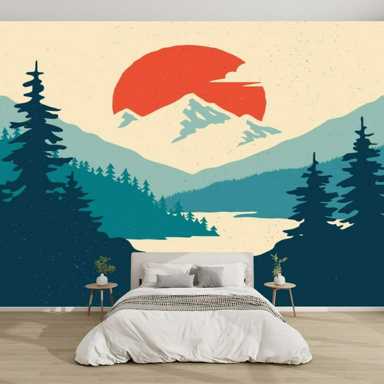 Modern Wallpaper Murals 3D Vintage mountain landscape sun