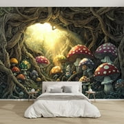 Modern Wallpaper Murals 3D Whimsical Mushroom Forest Illustration Colorful Gnomes Sunbeams Peel and Stick Removable Self-Adhesive canvas Wall Stickers for Nursery Kids Bedroom TV Wall Decor