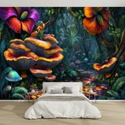 Modern Wallpaper Murals 3D Whimsical Tropical Mushroom Forest Illustration Exotic Flowers Peel and Stick Removable Self-Adhesive canvas Wall Stickers for Nursery Kids Bedroom TV Wall Decor