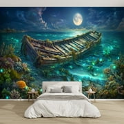 Modern Wallpaper Murals 3D Wooden Shipwreck Seascape Coral Seaweed Illustration Peel and Stick Removable Self-Adhesive canvas Wall Stickers for Nursery Kids Bedroom TV Wall Decor