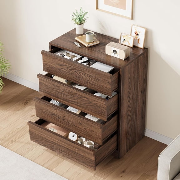 Modern Walnut 4-Drawer Dresser for Bedroom – 39in Tall Chest with Large Storage, Small Bedside End Table for Living Room, Nursery, Entryway – Anti-Tip, Wooden Vertical Cabinet –Walnut, 4-Drawer Chest