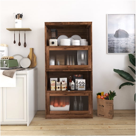 Modern Walnut Bookcase with Glass Doors, 4-Shelf Storage Cabinet for Home Office, Display Bookcase with Flip-Up Doors, Floor Standing Bookshelf