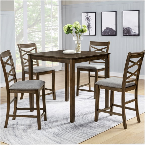 Modern Walnut Counter Height Dining Set for 4 with Upholstered Chairs, Square Kitchen Table and Chairs Set for Breakfast Nook, Bar Height Dining Room Furniture