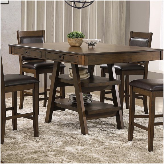 Modern Walnut Counter Table with Storage Drawers and Display Shelves, Transitional Style