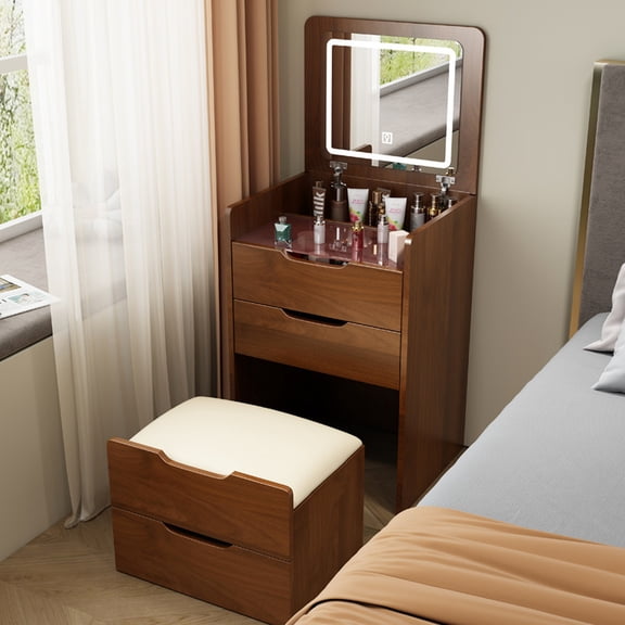 Modern Walnut Dressing Table With Stylish Cushioned Seat And Mirror Practical Vanity Desk Comfortable Makeup Stool