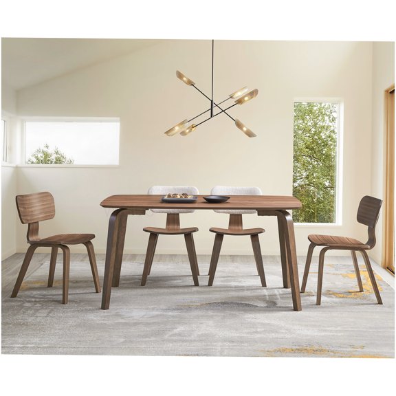 Modern Walnut Finish Dining Table with Bent Wood Legs, Synthetic Wood Fixed Top for Dining Room