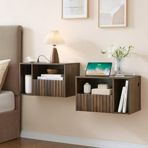 Modern Walnut Fluted Floating Nightstand with Charging Station, NightStand with Drawers, Bedside with USB Ports and Outlets, Bedroom Furniture (Set of 2)