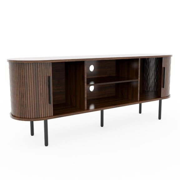 Modern Walnut Fluted Oval TV Stand with Sliding Grille Doors, Media Console Cabinet, Entertainment Center for TVs up to 65 Inches, Living Room Bedroom, Walnut
