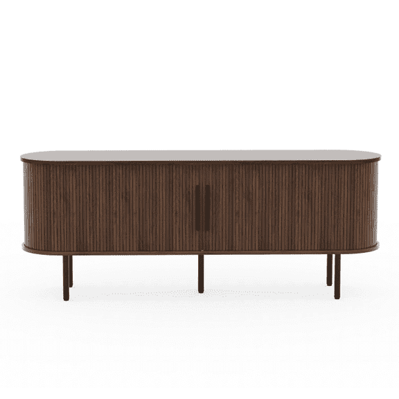 Modern Walnut Fluted TV Stand, 58 Inch Oval Wooden Entertainment Center with Sliding Doors, Open & Closed Storage Media Console with Metal Legs for 65 Inch TV Living Room Bedroom