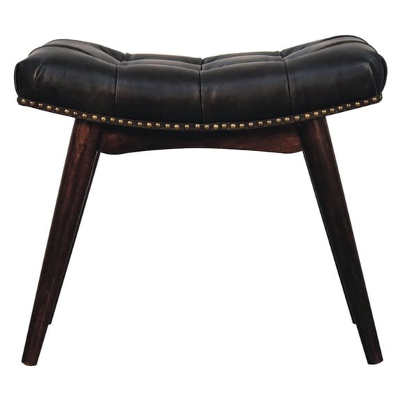 Modern Walnut Footrest Bench - Solid Mango Wood, Finish, Black Buffalo Leather Seat With Distinctive Deep Button Design Stool Wood Decorative Detail