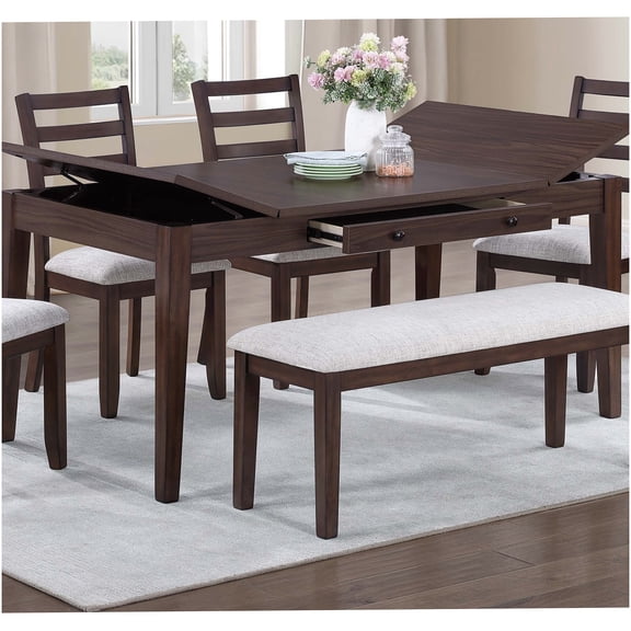 Modern Walnut Lift-Top Dining Table with Storage Drawer, Rubber Wood & MDF Rectangular Table for 6, Contemporary Dining Room Furniture