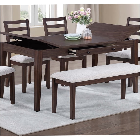 Modern Walnut Lift-Top Dining Table with Storage Drawer, Rubber Wood & MDF Rectangular Table for 6, Contemporary Dining Room Furniture