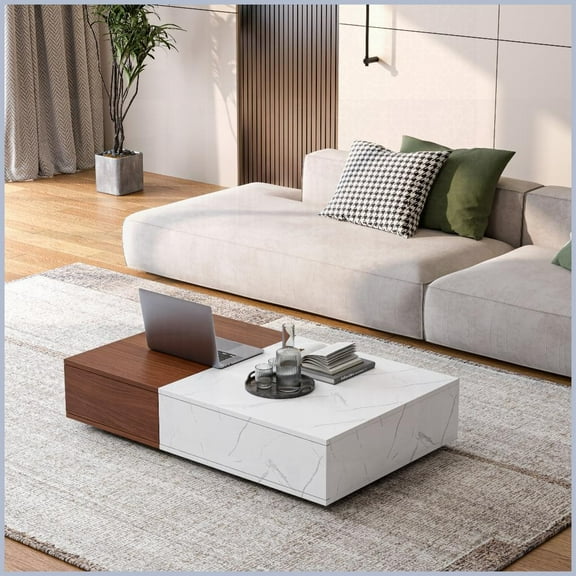 Modern Walnut & Marble Veneer Coffee Table – 2 Storage Spaces for Organized Living Room