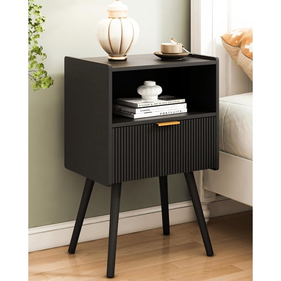 Modern Walnut Nightstand with Storage Drawer & Open Shelf, Bedside Table with Solid Pine Wood Legs, Narrow End Table for Small Spaces, Accent Side Table for Bedroom & Living Room, 16.5"W x 11.8"D x 2