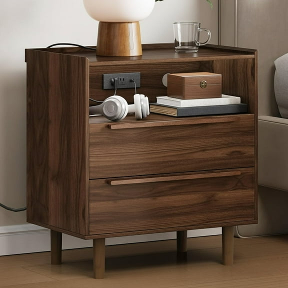 2 Drawers Nightstand with Charging Station, 26" Tall Walnut Bedside Table End Table for Bedroom or Living Room