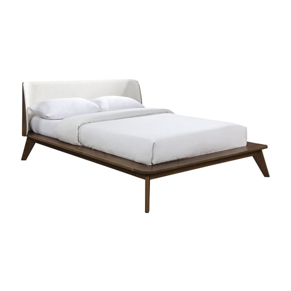 Modern Walnut Queen Bed Frame with Winged Headboard, Wood Platform Bed Base, Tapered Legs