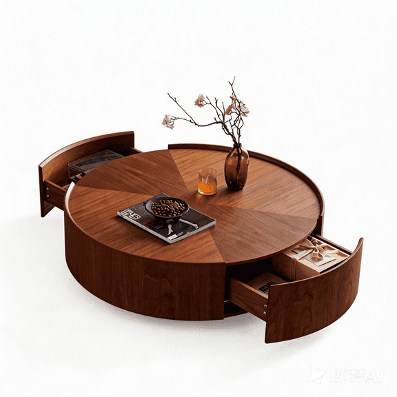 Modern Walnut Round Coffee Table with 2 Storage Drawers, 35.4-Inch Fully Assembled, MDF Construction with Solid Wood Veneer, Mid-Century Design for Living Room