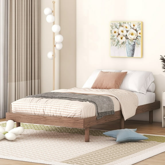 Modern Walnut Twin Floating Platform Bed Frame - Sturdy Particle Board & Rubberwood, KD Easy Assembly, No Box Spring Needed, for Bedroom & Guest Room