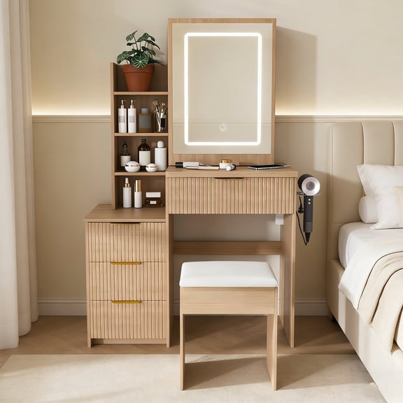 Modern Walnut Vanity Desk with 3-Color LED Lighted Mirror, 4 Drawers, Power Outlet & Hair Dryer Holder, Makeup Dressing Table Set with Stool for Bedroom