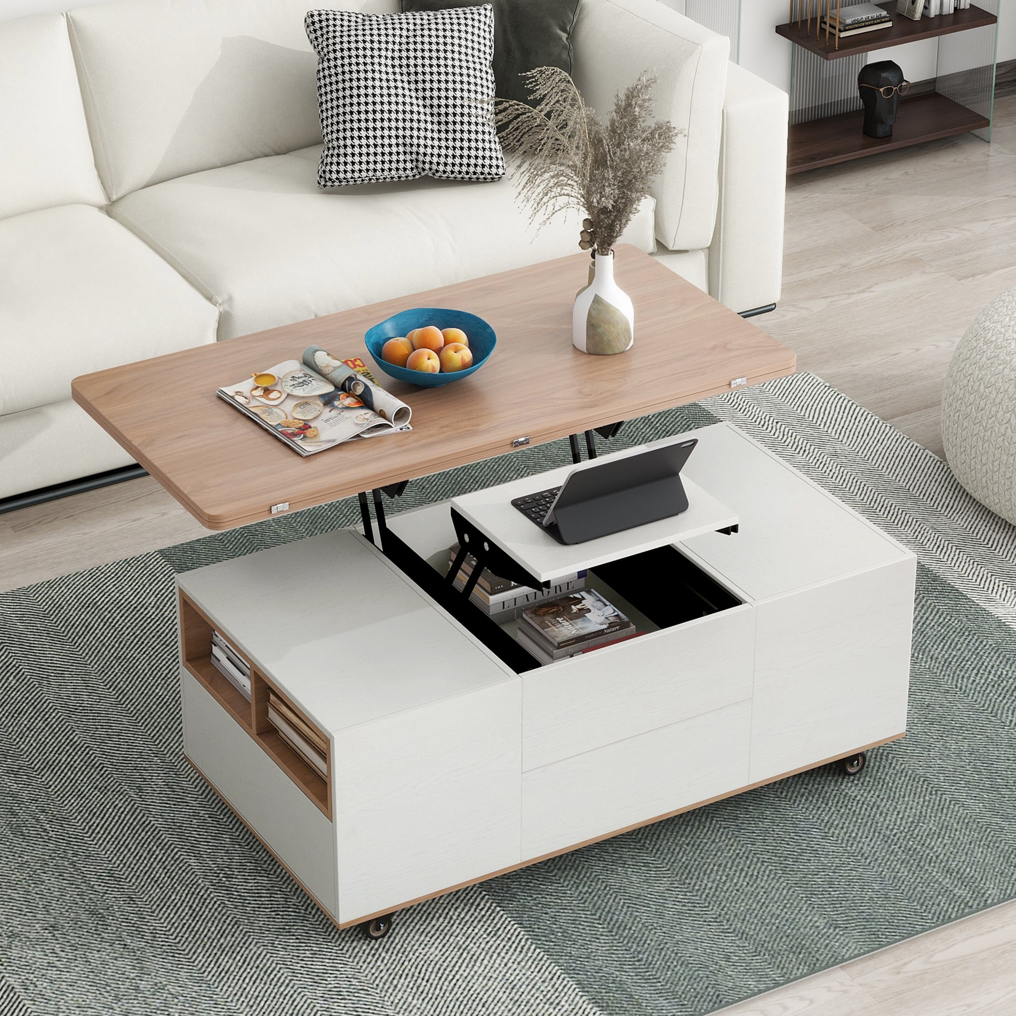 Modern Walnut & White Lift Top Coffee Table Multifunctional Table with ...