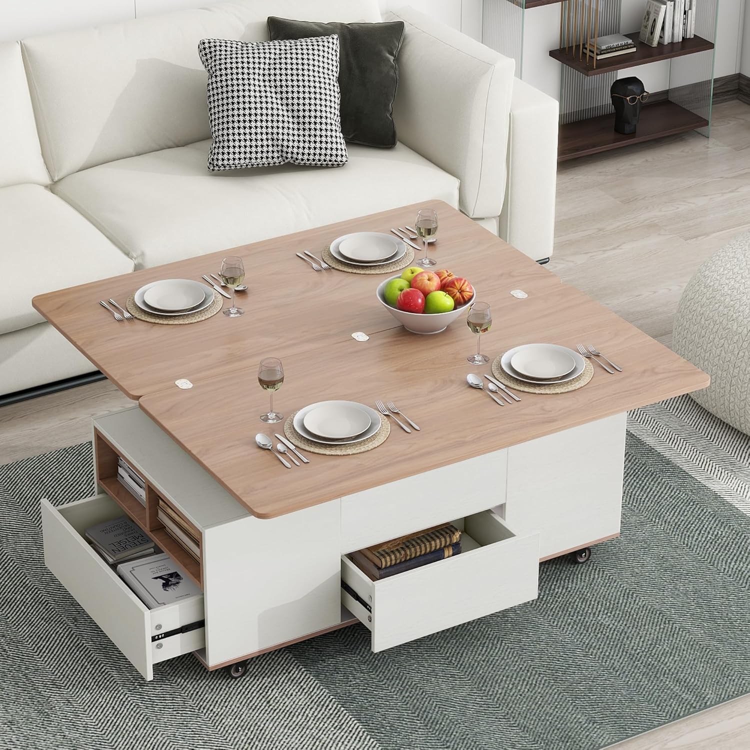Modern Walnut & White Lift Top Coffee Table Multifunctional Table with ...
