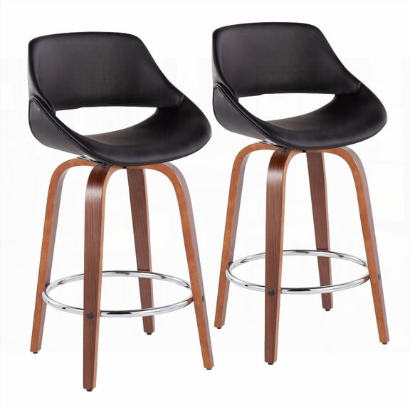 Modern Walnut Wood Counter Stools - 2-Pack with Chrome Footrest and Black Faux Leather