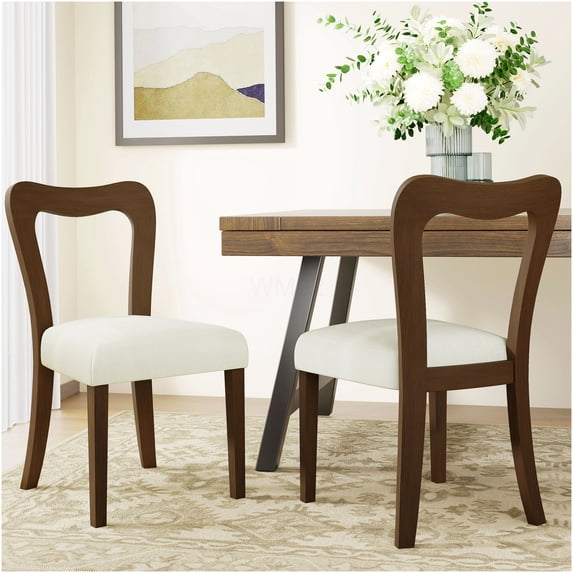 Modern Walnut Wood Dining Chairs Set of 2, Upholstered Beige Fabric Side Chairs, Sturdy Open Back Kitchen Chairs for Dining Room