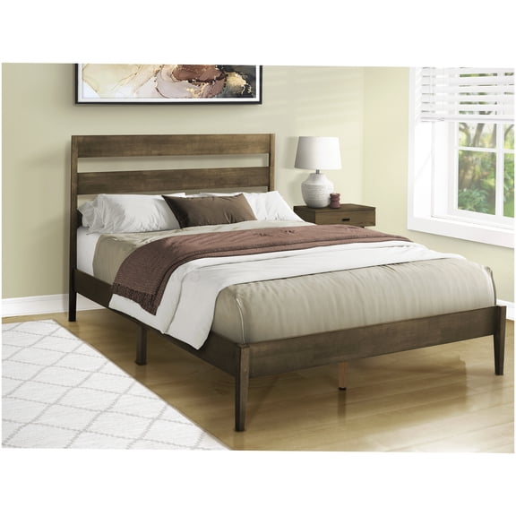 Modern Walnut Wood Queen Platform Bed with Headboard, Low Profile Bed Frame, Strong Support No Box Spring Needed