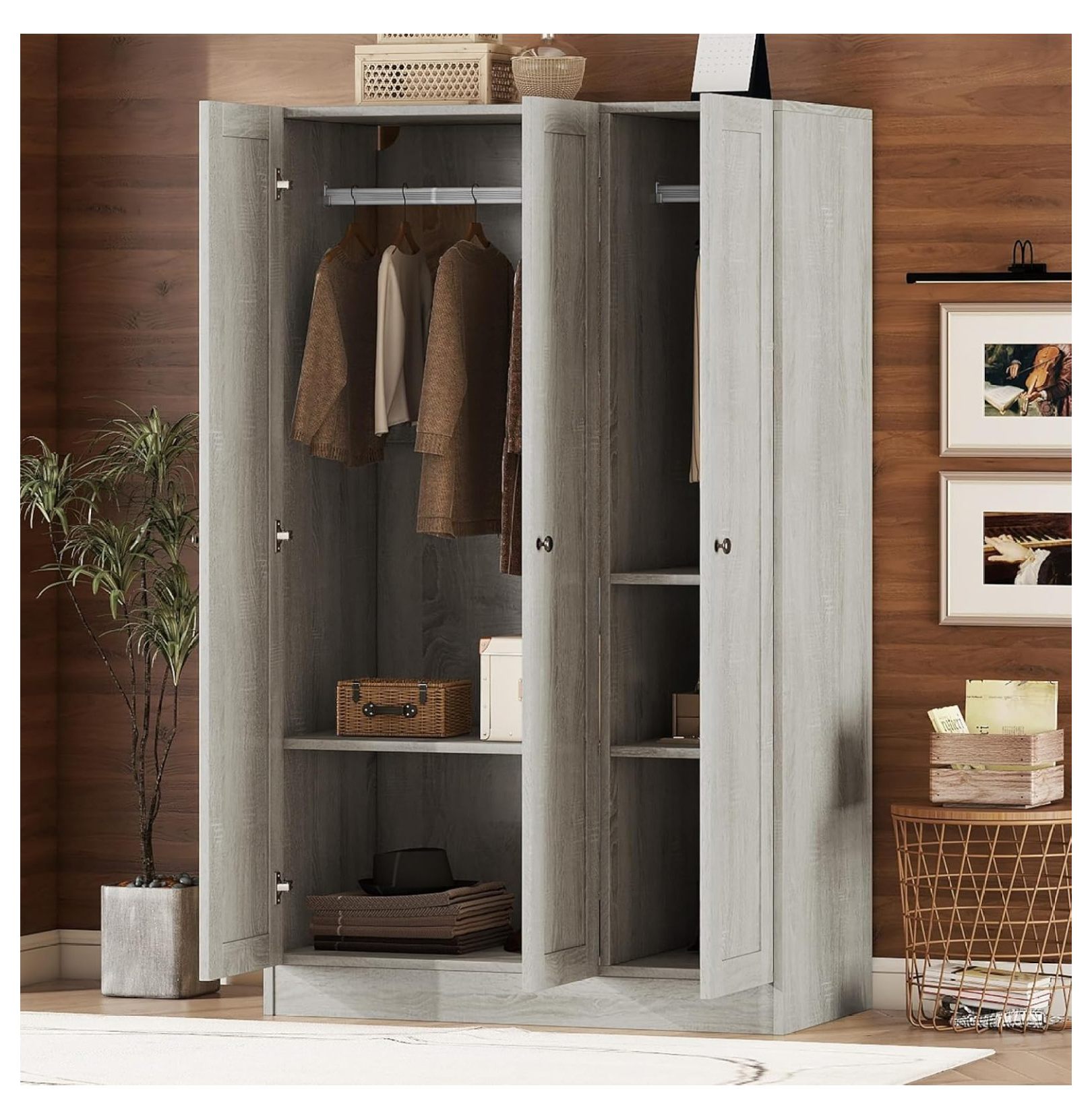 Modern Wardrobe Closet with 3 Shutter Doors, Armoire Wardrobe Closet with Hanging Rod