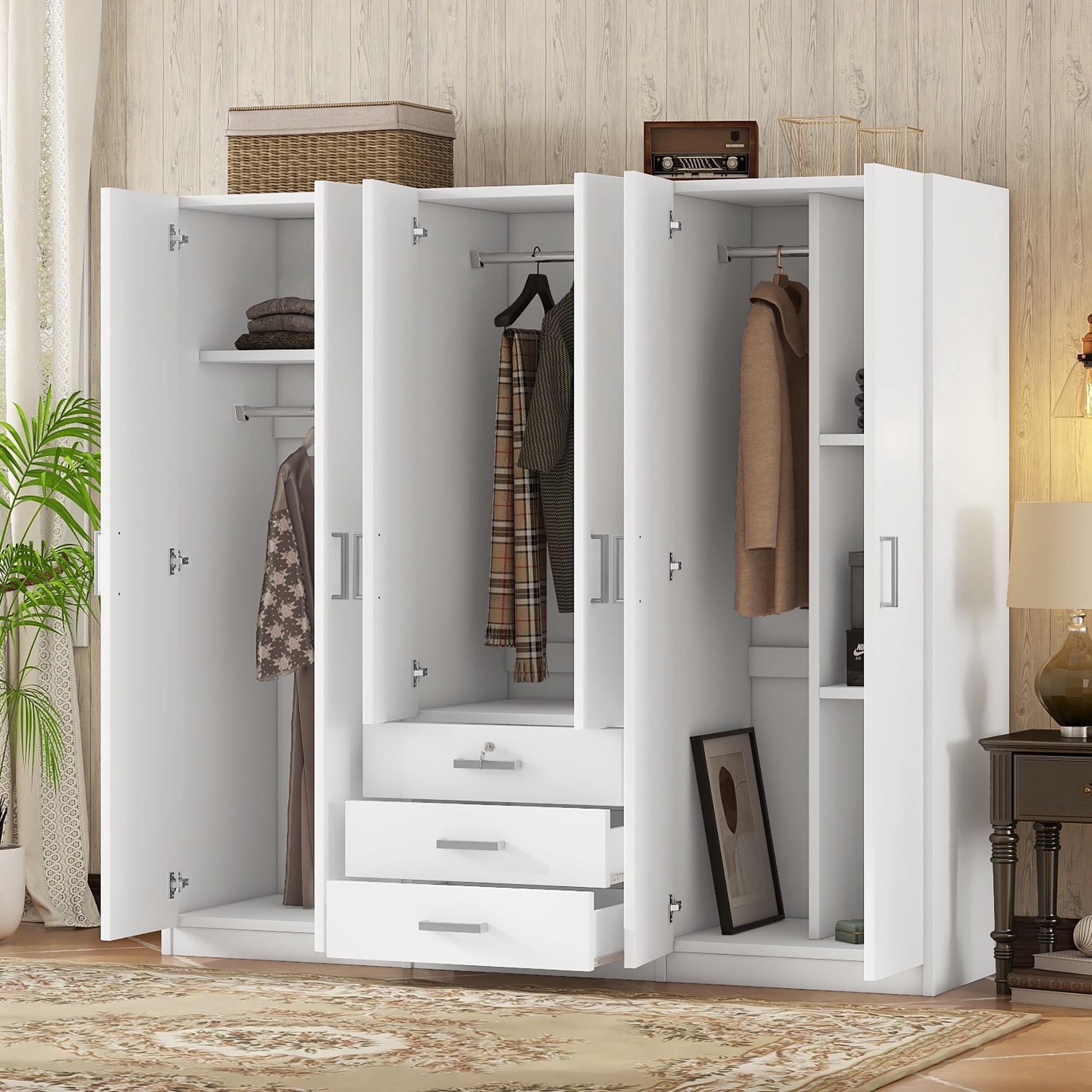 Modern Wardrobe Closet,Wooden Wardrobe Storage with 6-Doors & 2 Drawers for Bedroom,White