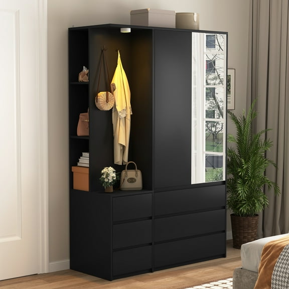 Modern Wardrobe Closet with Mirror & Integrated LED Light, 6 Drawers & Ample Hanging Storage, Multi-Functional Armoire for Bedroom