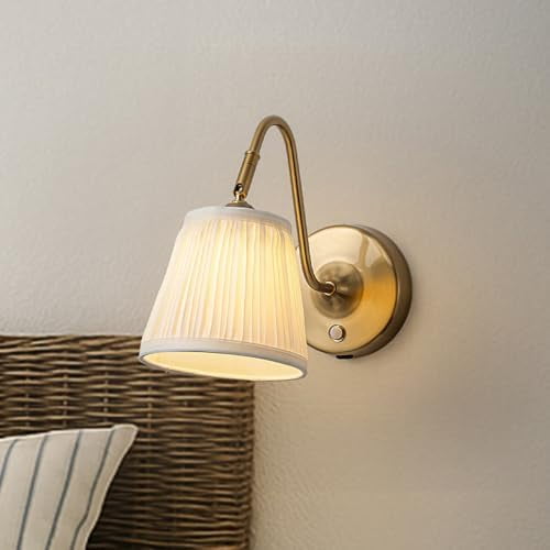 Modern Warm Gold W5 inch Rechargeable Wireless Wall Sconce with Pleated Shade Touch Control Stepless Dimming LED Battery Operated Swing Lamp Head Vintage Stick On Wall Light for Hallway