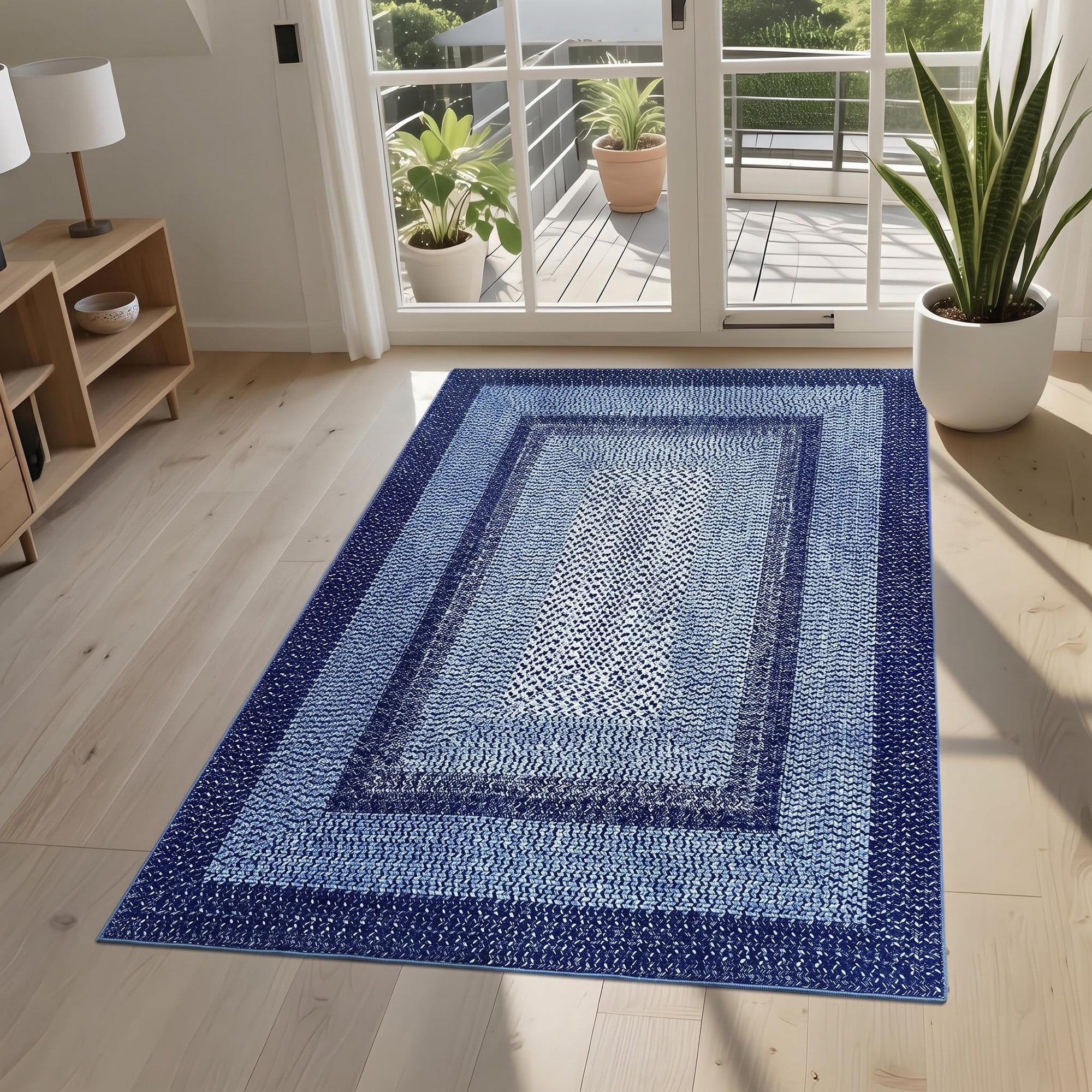 Modern Washable Area Rug 3'x5' Vintage Braided Print Non-Slip Low Pile Carpet for Living Room Bedroom Home Office, Navy Blue
