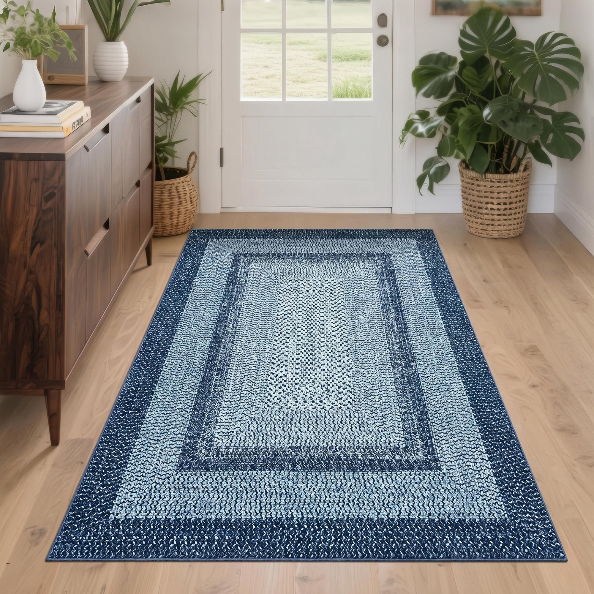 Modern Washable Area Rug 4'x6' Vintage Braided Print Non-Slip Low Pile Carpet for Living Room Bedroom Home Office, Gray and Blue