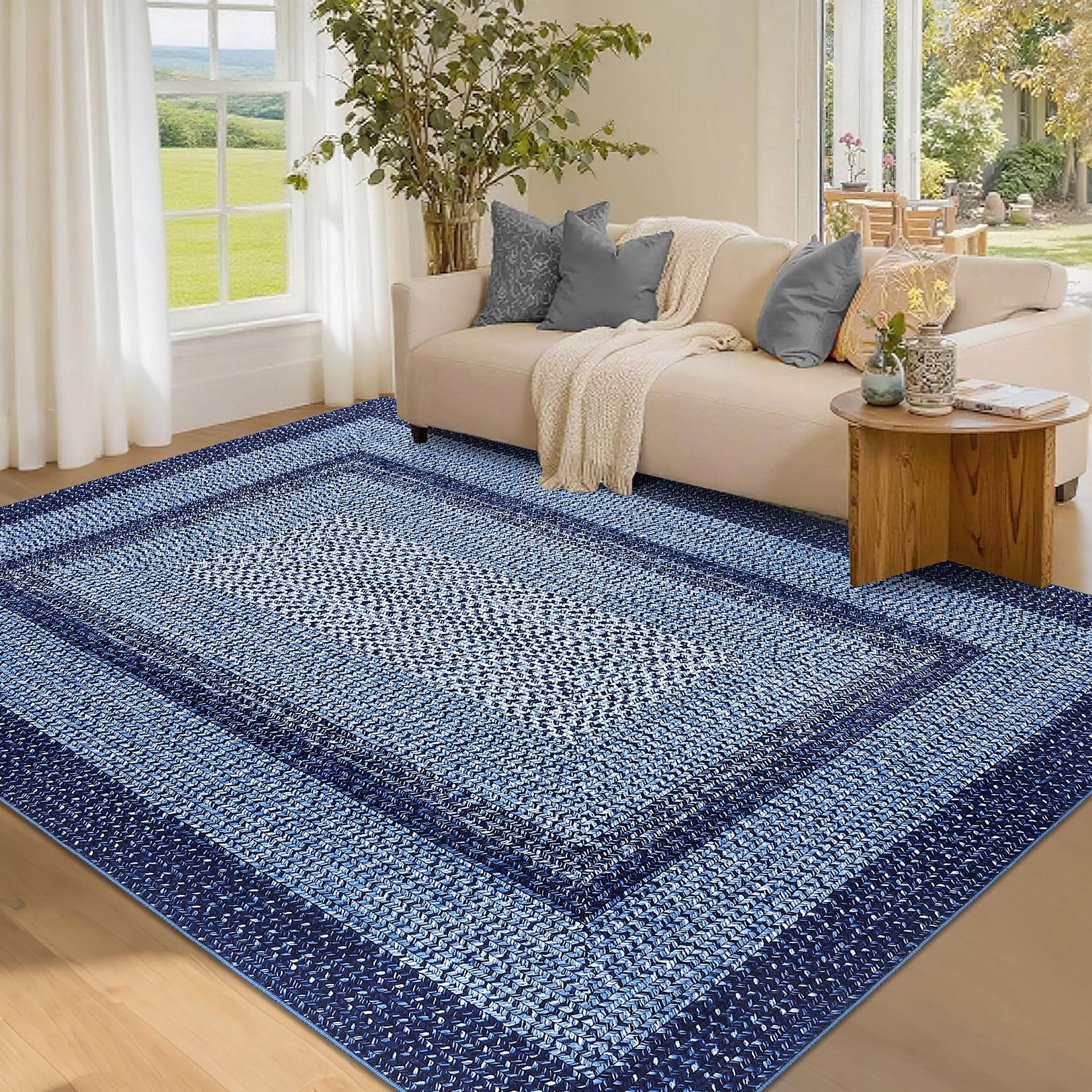 Modern Washable Area Rug 4'x6' Vintage Braided Print Non-Slip Low Pile Carpet for Living Room Bedroom Home Office, Navy Blue